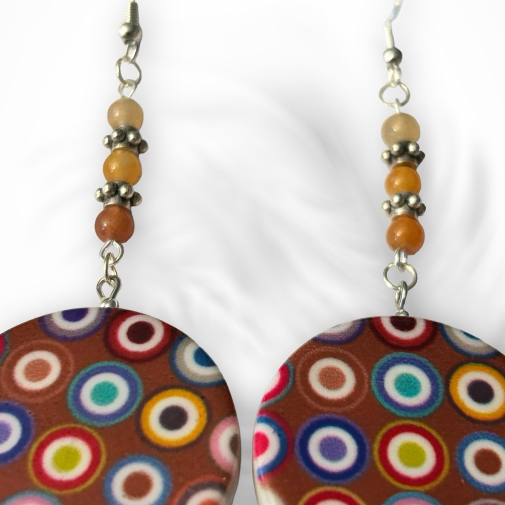 Hand Crafted Earrings Circles Geometric Boho Dangle Silver Brown Yellow Pierced - Picture 9 of 10